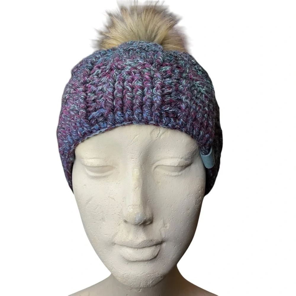 Cable Knit Crochet Beanie Hat Handcrafted With Faux Fur Pom Handmade Purple Blue